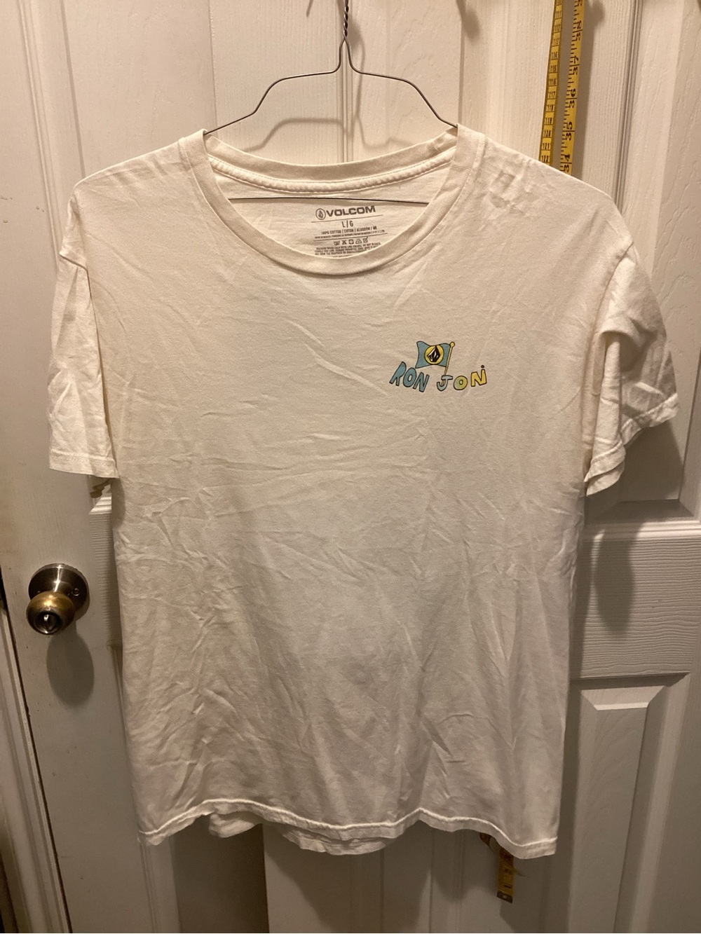 Volcom White Tee with Small Blue and Yellow Graphic